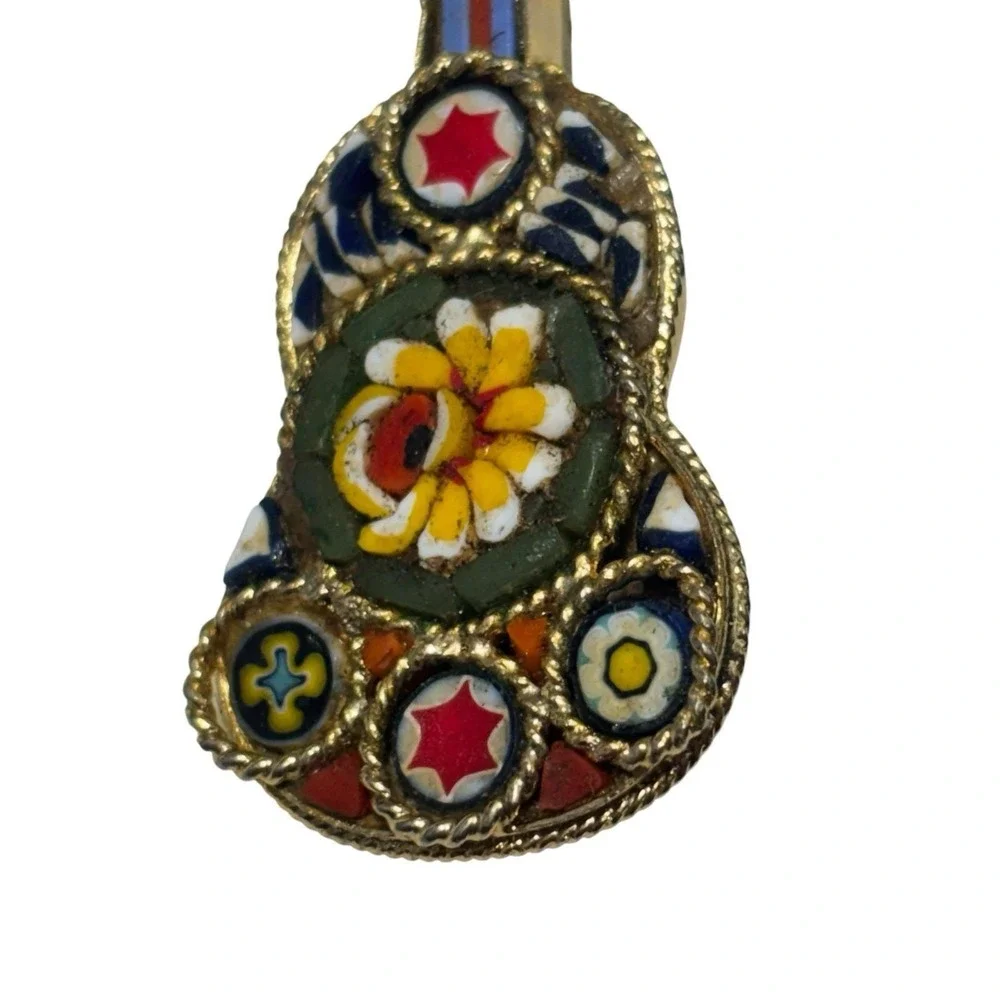 Vintage Gold Tone Italian Colorful Micro Mosaic Flower Guitar Music Brooch Pin